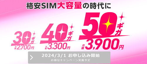 大容量プラン「格安SIM IIJmio」から「30,40,50GB」プラン